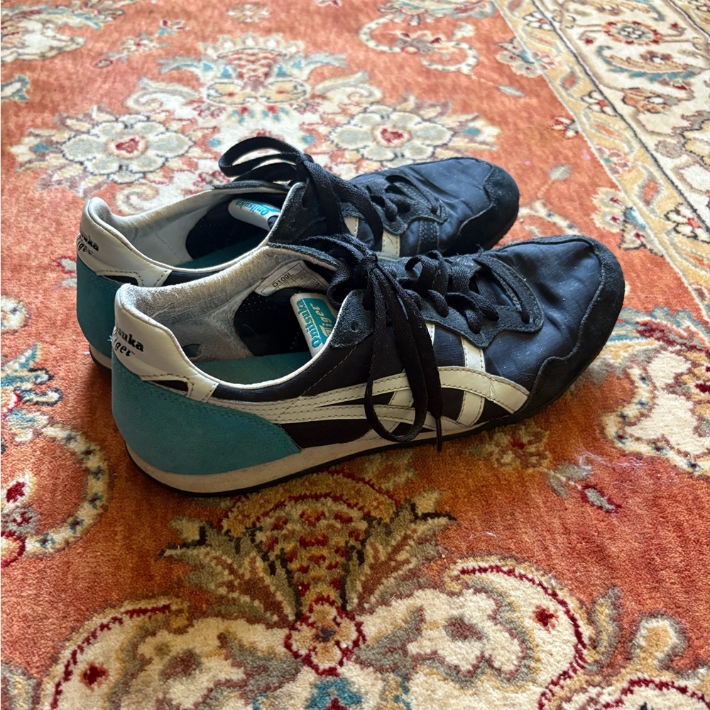 Retro Onitsuka Tiger ASICS black and turquoise sneakers size 8 1/2 Men Rare